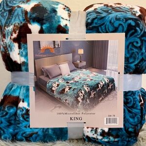 King size super soft Flannel blanket thick and cozy cow print Blue Brown